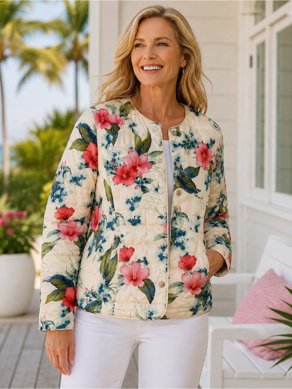 Tommy Bahama Hermosa Reversible Quilted off white & Floral Puffer Jacket